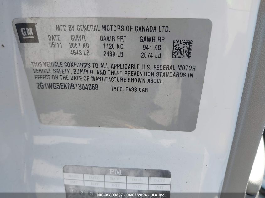 2011 Chevrolet Impala Lt VIN: 2G1WG5EK0B1304068 Lot: 39599327