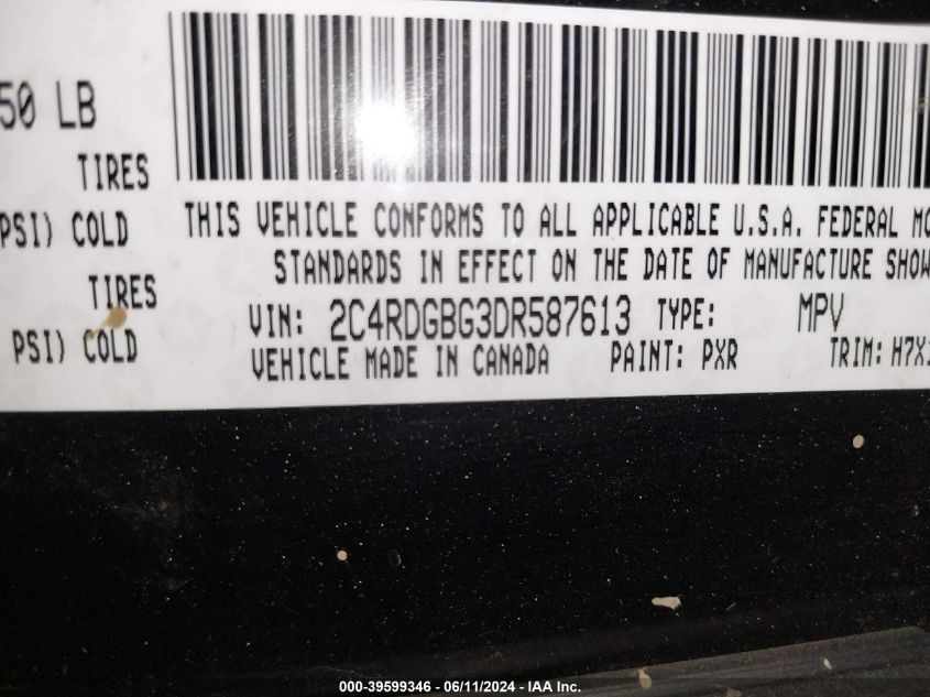 2013 Dodge Grand Caravan American Value Pkg VIN: 2C4RDGBG3DR587613 Lot: 39599346