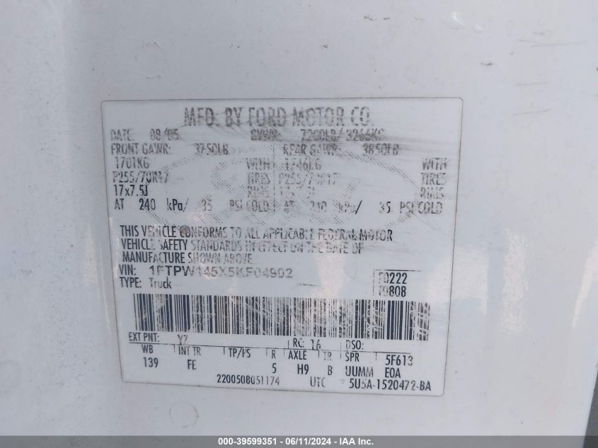 2005 Ford F-150 Fx4/Lariat/Xlt VIN: 1FTPW145X5KF04902 Lot: 39599351