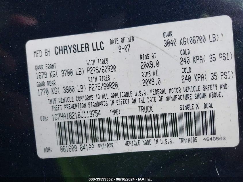2008 Dodge Ram 1500 Slt VIN: 1D7HA18218J113754 Lot: 39599352