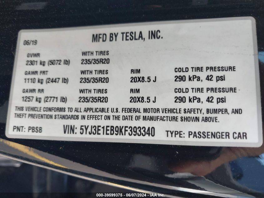 2019 Tesla Model 3 Long Range/Performance VIN: 5YJ3E1EB9KF393340 Lot: 39599375