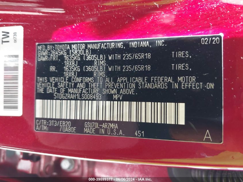 2020 Toyota Highlander Xle VIN: 5TDGZRAH1LS008493 Lot: 39599377