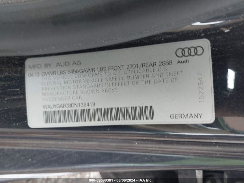 2013 Audi A7 3.0T Premium VIN: WAUYGAFC8DN136419 Lot: 39599381