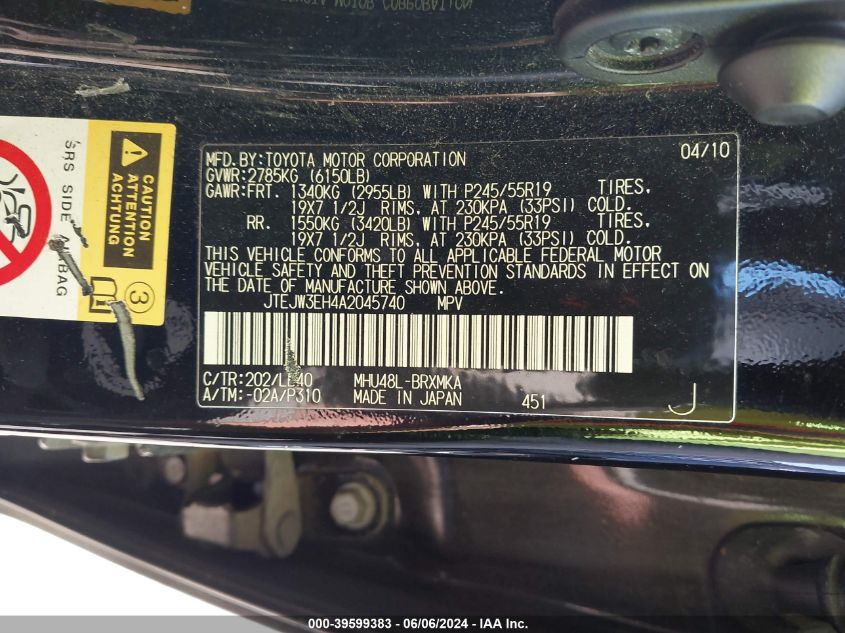 2010 Toyota Highlander Hybrid Limited V6 VIN: JTEJW3EH4A2045740 Lot: 39599383