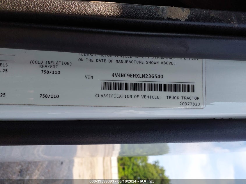 2020 Volvo Vnl VIN: 4V4NC9EHXLN236540 Lot: 39599393