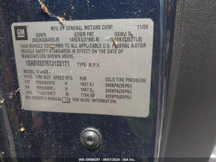2007 GMC Acadia Slt-1 VIN: 1GKEV33767J102171 Lot: 39599397