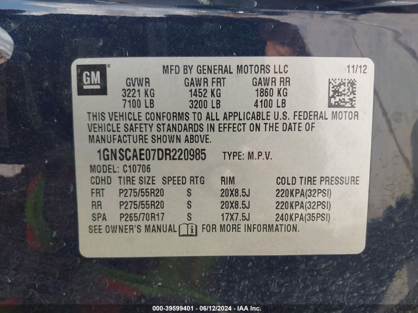 2013 Chevrolet Tahoe Ls VIN: 1GNSCAE07DR220985 Lot: 39599401