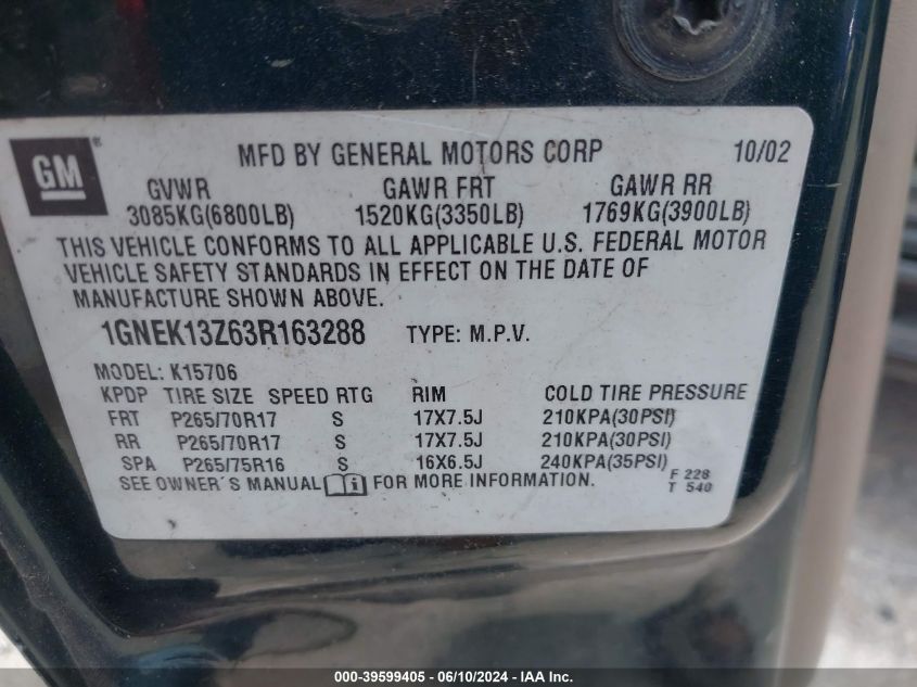 2003 Chevrolet Tahoe Z71 VIN: 1GNEK13Z63R163288 Lot: 39599405