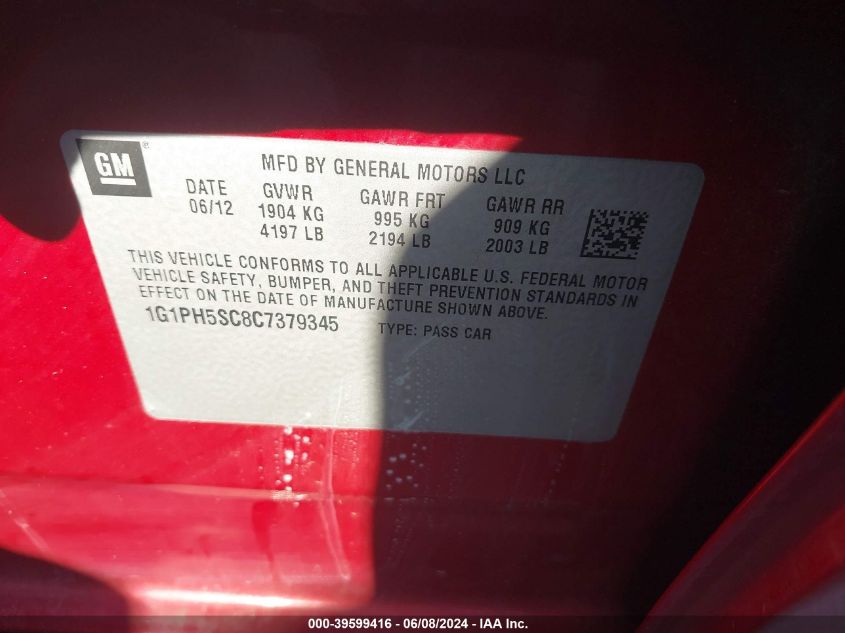 2012 Chevrolet Cruze Ltz VIN: 1G1PH5SC8C7379345 Lot: 39599416