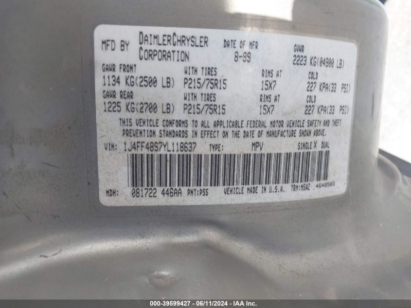 2000 Jeep Cherokee Sport VIN: 1J4FF48S7YL118637 Lot: 39599427