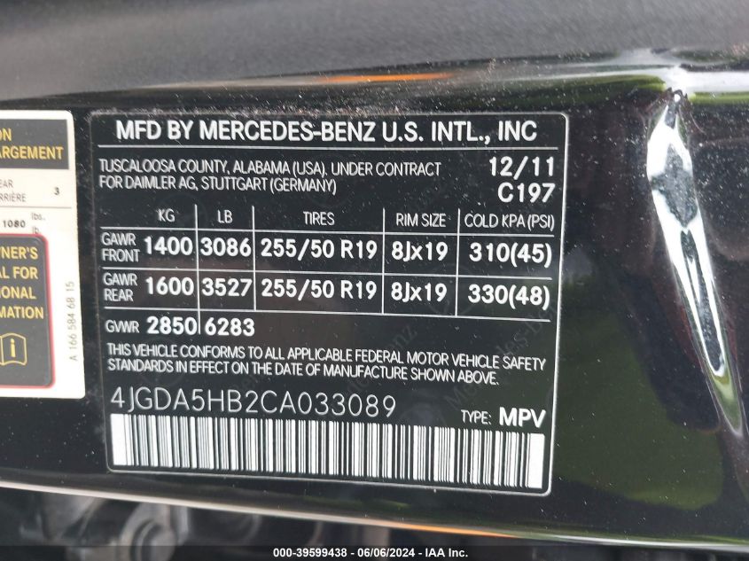 2012 Mercedes-Benz Ml 350 4Matic VIN: 4JGDA5HB2CA033089 Lot: 39599438