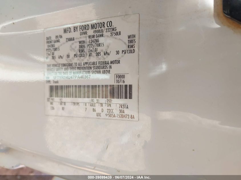 2007 Ford Ranger Sport/Stx/Xl/Xlt VIN: 1FTYR14U47PA40367 Lot: 39599439