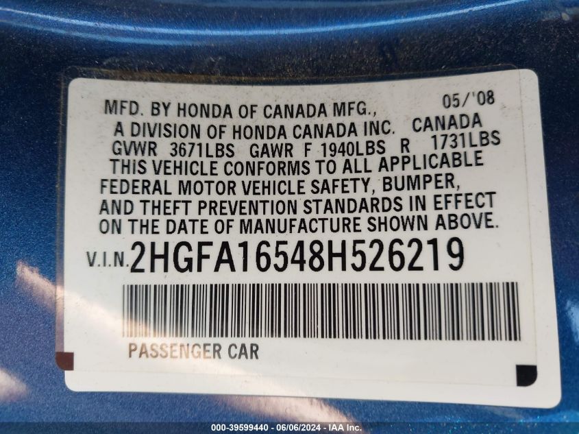 2008 Honda Civic Lx VIN: 2HGFA16548H526219 Lot: 39599440