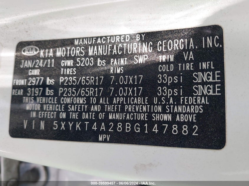 2011 Kia Sorento Lx VIN: 5XYKT4A28BG147882 Lot: 39599457