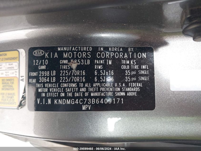 2011 Kia Sedona Lx VIN: KNDMG4C73B6409171 Lot: 39599465