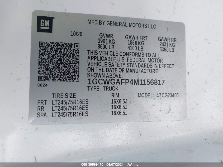 2021 Chevrolet Express Cargo Rwd 2500 Regular Wheelbase Wt VIN: 1GCWGAFP4M1156817 Lot: 39599470