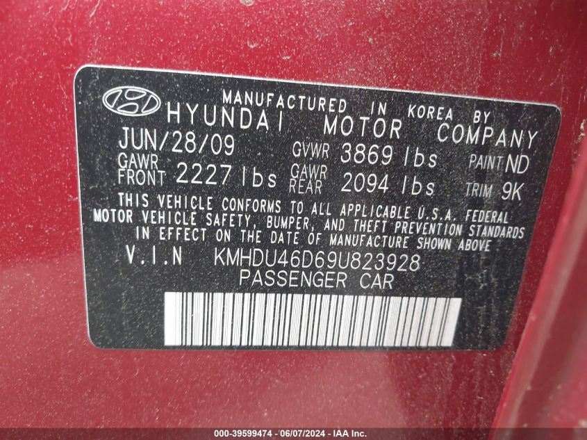 KMHDU46D69U823928 2009 Hyundai Elantra Gls