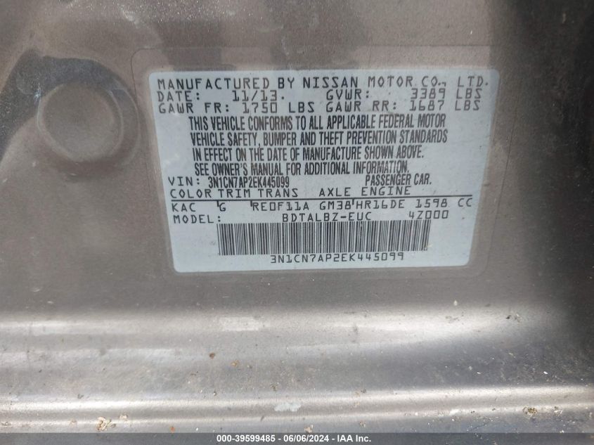 2014 Nissan Versa 1.6 Sv VIN: 3N1CN7AP2EK445099 Lot: 39599485