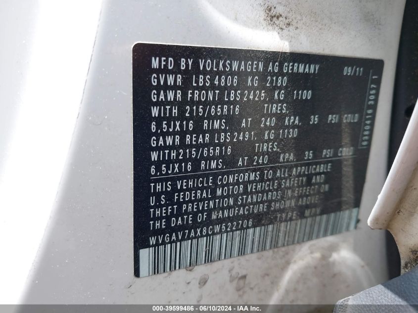 2012 Volkswagen Tiguan S VIN: WVGAV7AX8CW522706 Lot: 39599486