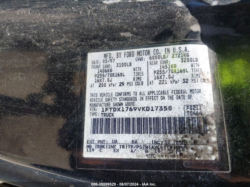 1997 Ford F-150 Lariat/Standard/Xl/Xlt VIN: 1FTDX1769VKD17350 Lot: 39599529