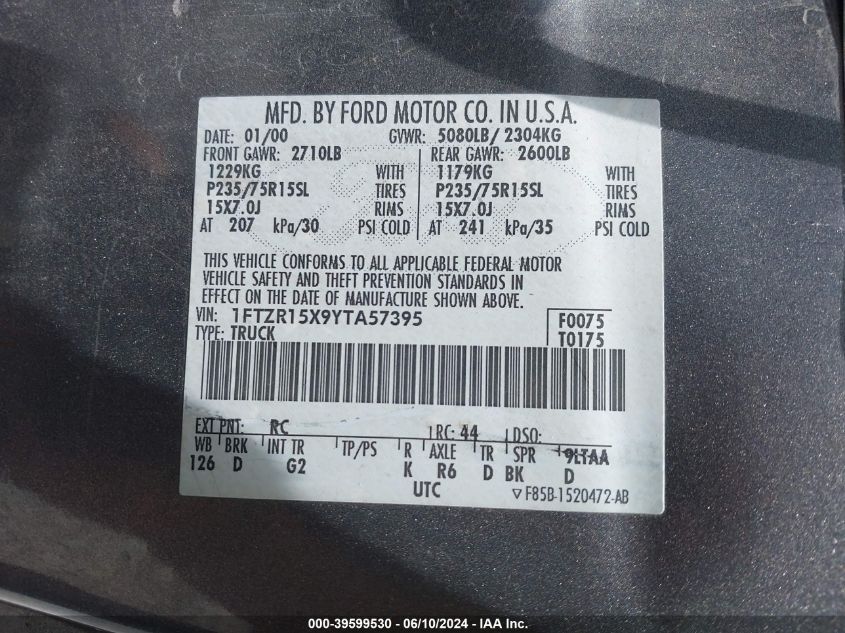 2000 Ford Ranger Xlt VIN: 1FTZR15X9YTA57395 Lot: 39599530