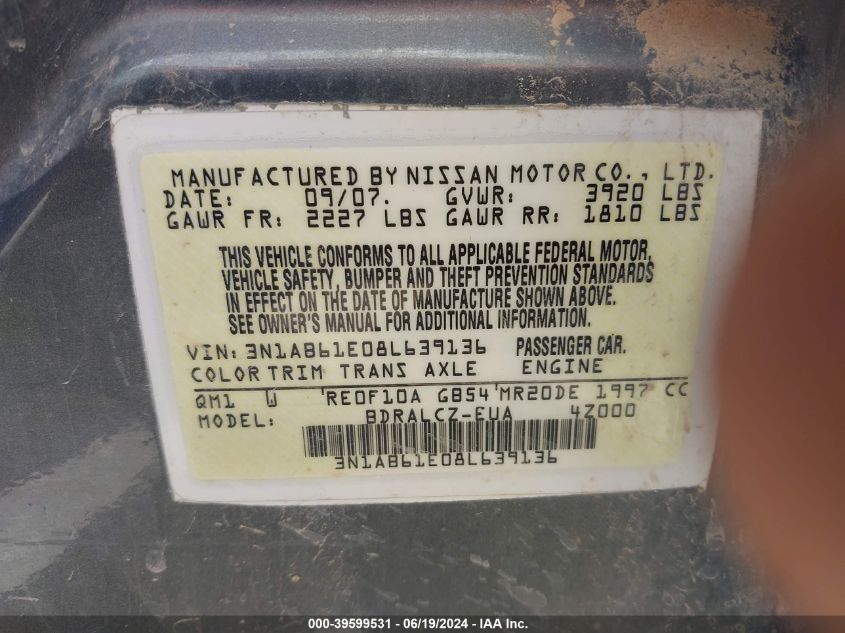 2008 Nissan Sentra 2.0 VIN: 3N1AB61E08L639136 Lot: 39599531