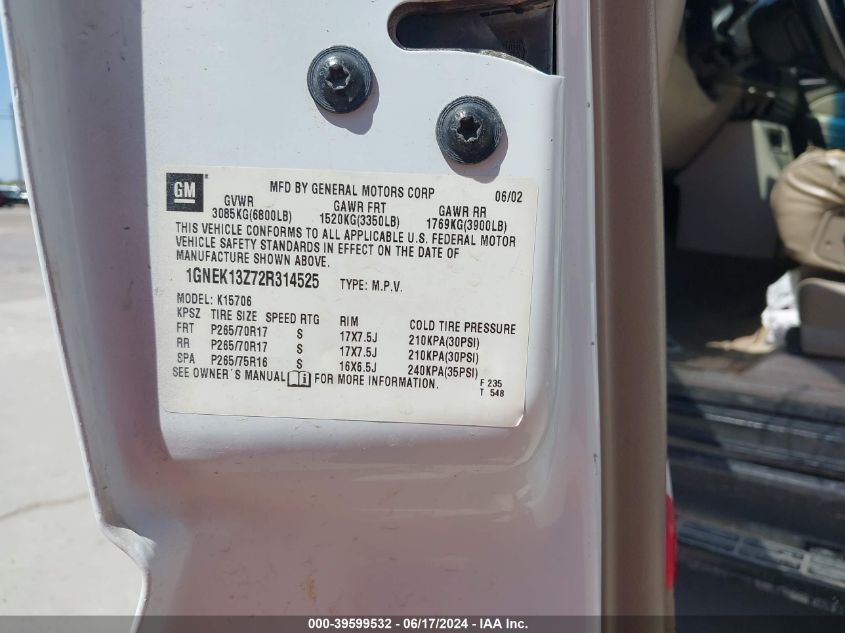 2002 Chevrolet Tahoe Z71 VIN: 1GNEK13Z72R314525 Lot: 39599532