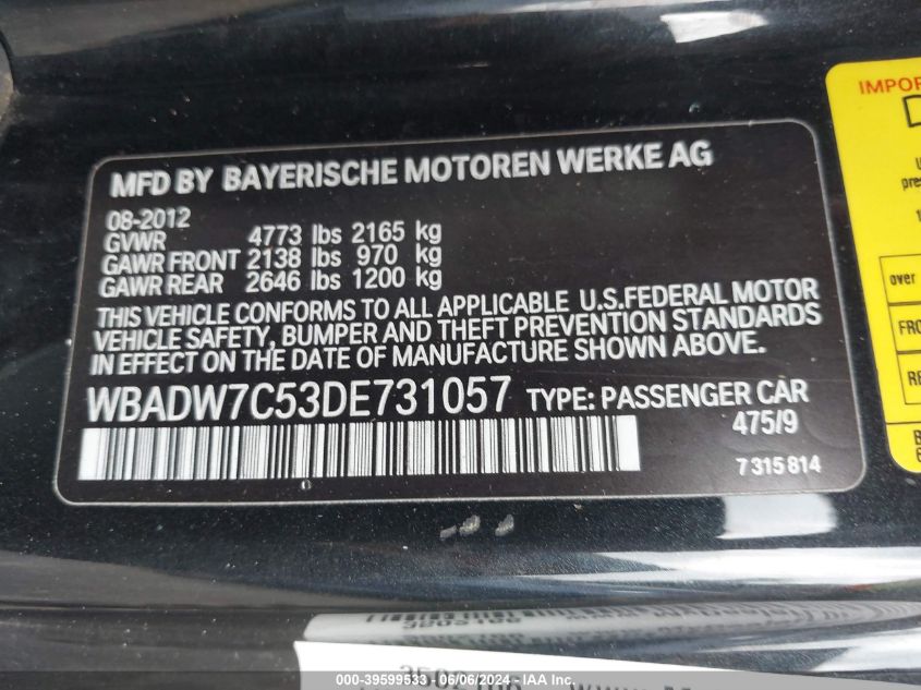 2013 BMW 328I VIN: WBADW7C53DE731057 Lot: 39599533