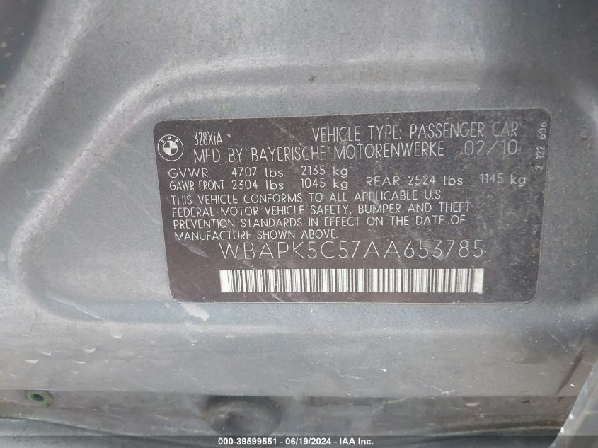 2010 BMW 328I xDrive VIN: WBAPK5C57AA653785 Lot: 39599551