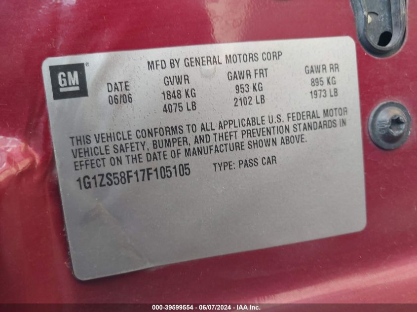 2007 Chevrolet Malibu Ls VIN: 1G1ZS58F17F105105 Lot: 39599554