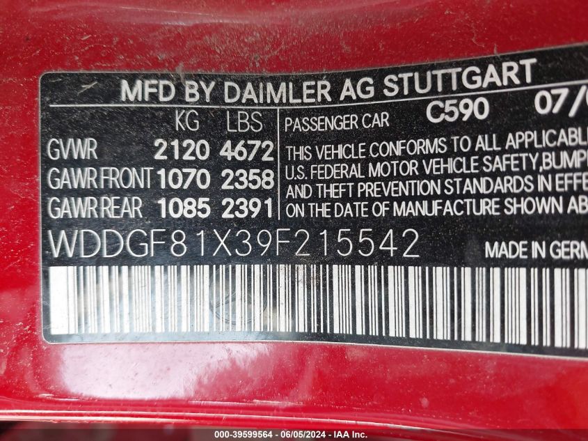 2009 Mercedes-Benz C 300 Luxury 4Matic/Sport 4Matic VIN: WDDGF81X39F215542 Lot: 39599564
