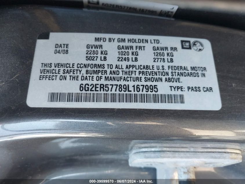 2009 Pontiac G8 VIN: 6G2ER57789L167995 Lot: 39599570