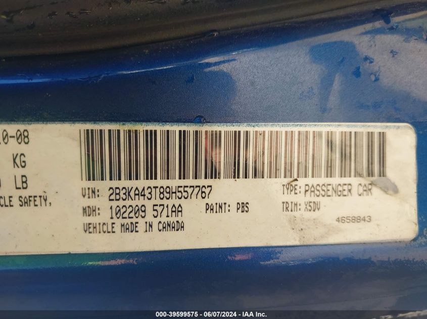 2009 Dodge Charger VIN: 2B3KA43T89H557767 Lot: 39599575