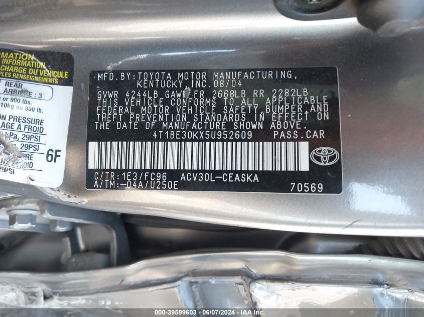 2005 Toyota Camry Se VIN: 4T1BE30KX5U952609 Lot: 39599603