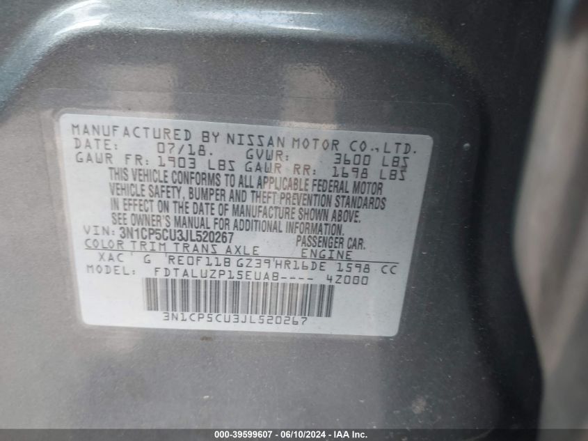 2018 Nissan Kicks Sr VIN: 3N1CP5CU3JL520267 Lot: 39599607