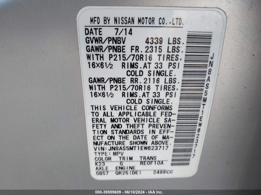 2014 Nissan Rogue Select S VIN: JN8AS5MT1EW623717 Lot: 39599609