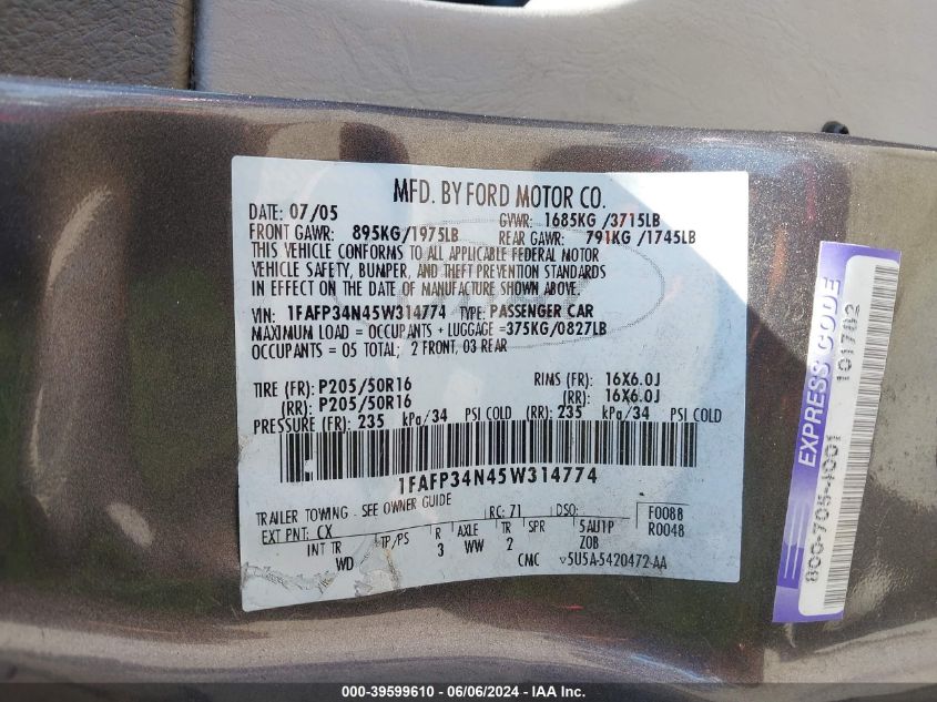 2005 Ford Focus Zx4 VIN: 1FAFP34N45W314774 Lot: 39599610