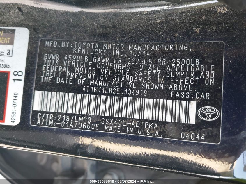 2014 Toyota Avalon Limited VIN: 4T1BK1EB3EU134919 Lot: 39599618