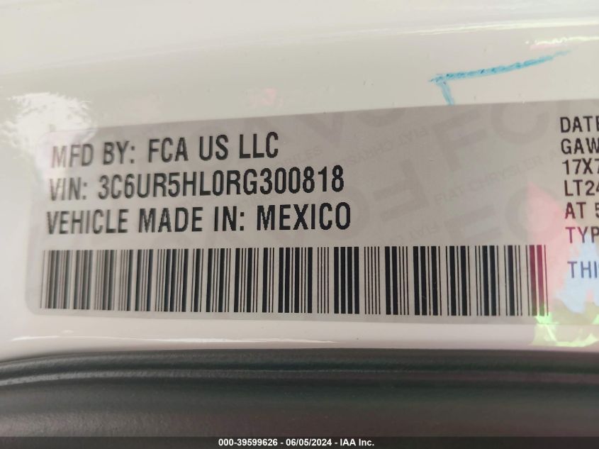 2024 Ram 2500 Tradesman 4X4 8' Box VIN: 3C6UR5HL0RG300818 Lot: 39599626