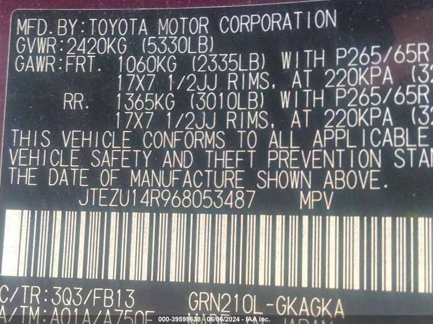2006 Toyota 4Runner Sr5 Sport V6 VIN: JTEZU14R968053487 Lot: 39599638