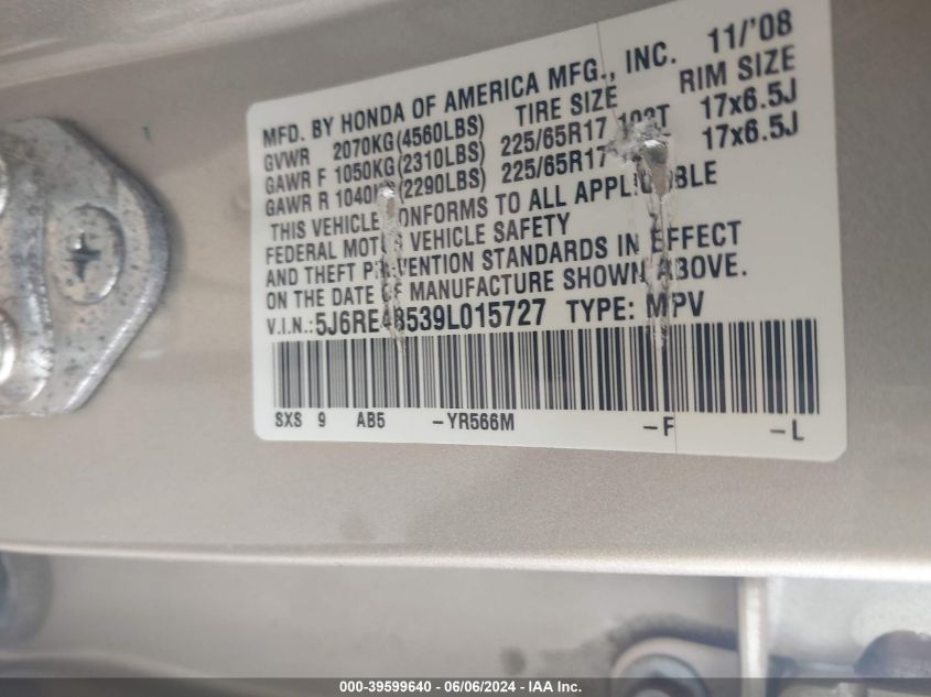 2009 Honda Cr-V Ex VIN: 5J6RE48539L015727 Lot: 39599640