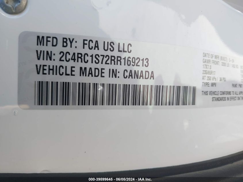 2024 Chrysler Pacifica Hybrid Select VIN: 2C4RC1S72RR169213 Lot: 39599645