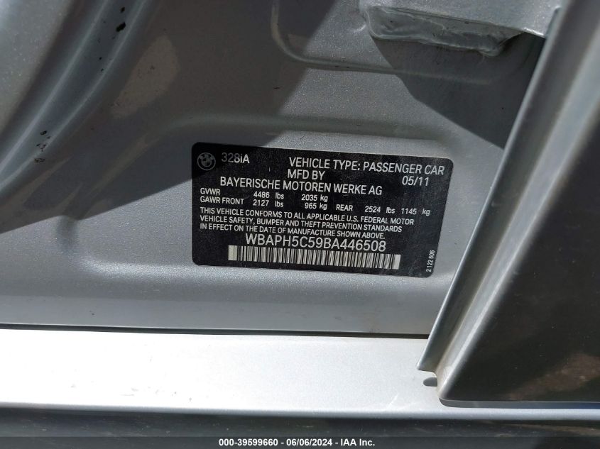 2011 BMW 328I VIN: WBAPH5C59BA446508 Lot: 39599660