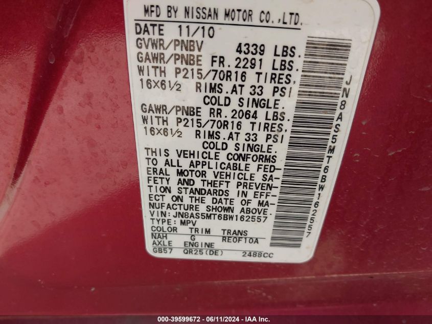 2011 Nissan Rogue S VIN: JN8AS5MT6BW162557 Lot: 39599672