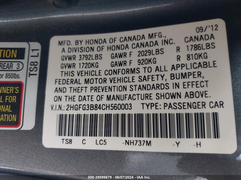 2012 Honda Civic Ex VIN: 2HGFG3B84CH560003 Lot: 39599679