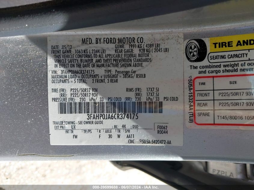 2012 Ford Fusion Sel VIN: 3FAHP0JA6CR374175 Lot: 39599688