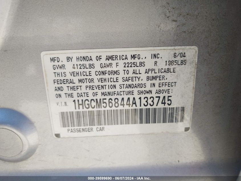2004 Honda Accord 2.4 Ex VIN: 1HGCM56844A133745 Lot: 39599690