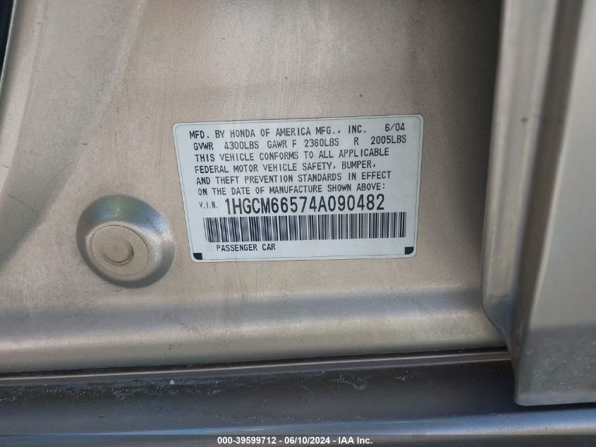 2004 Honda Accord Ex VIN: 1HGCM66574A090482 Lot: 39599712