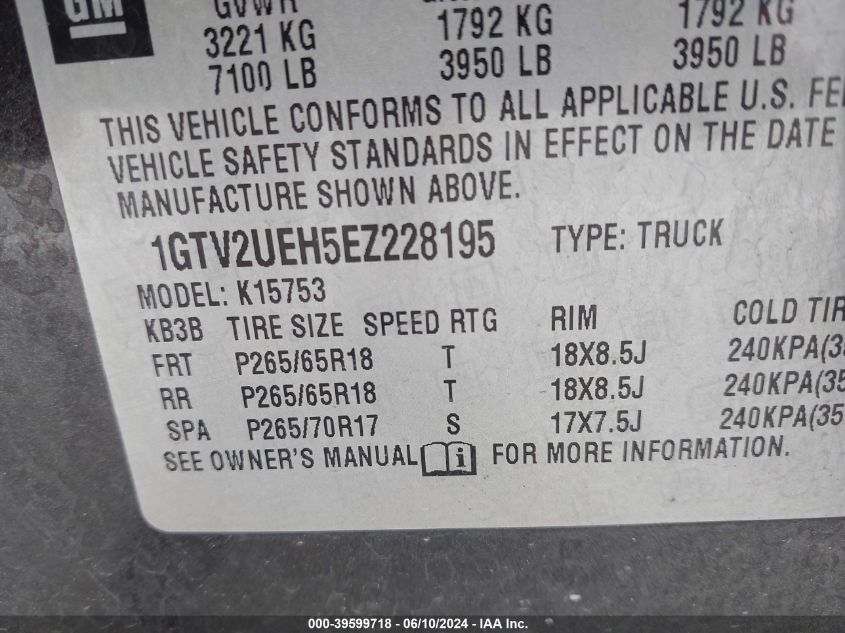 2014 GMC Sierra 1500 Sle VIN: 1GTV2UEH5EZ228195 Lot: 39599718