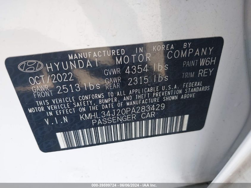 2023 Hyundai Sonata Limited VIN: KMHL34J20PA283429 Lot: 39599724